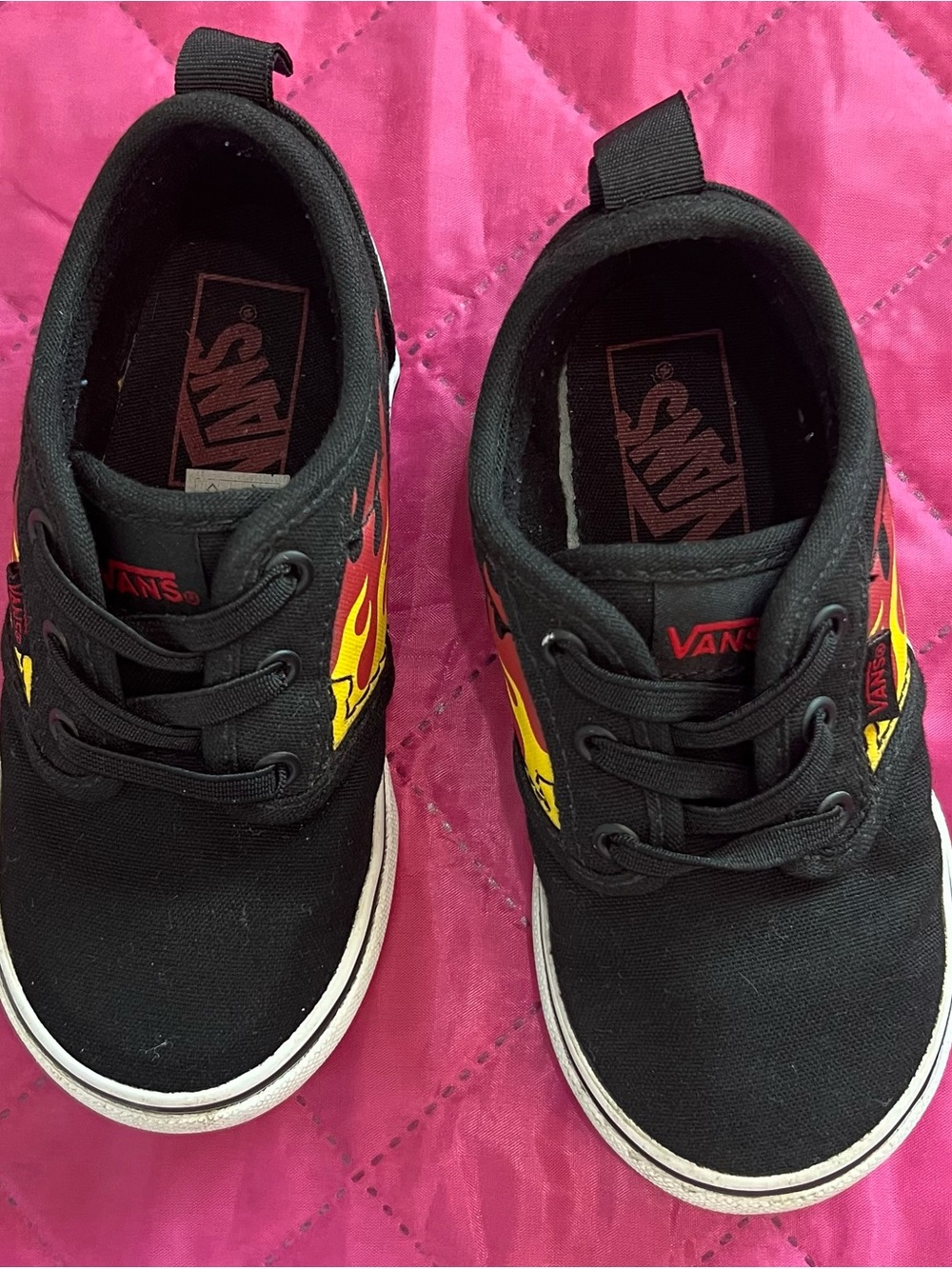 Vans Kids Black Canvas Sneakers with Red and Yellow Flame Accent